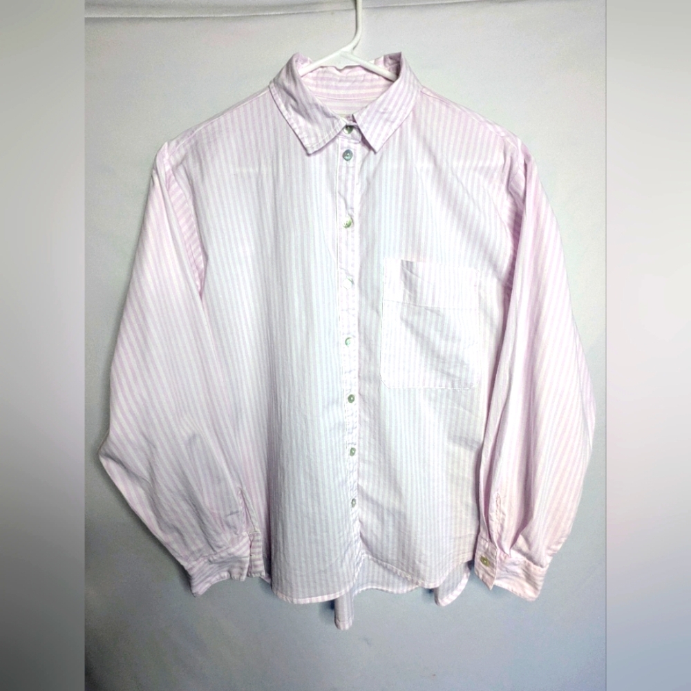 a new day Women's Blouse Long sleeves Pink White Striped Sz S Button Front F-2